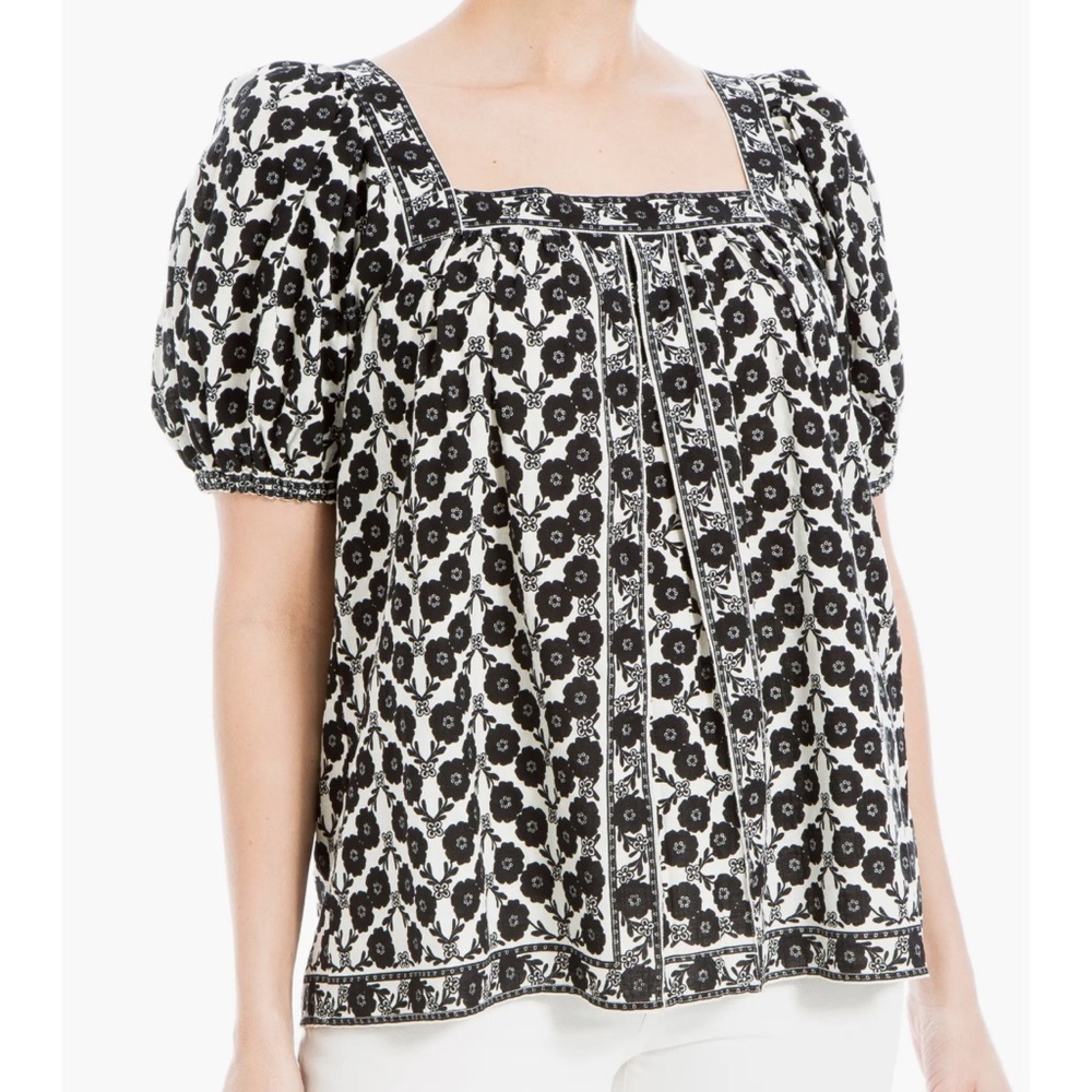 Max Studio London Women's Square Neck Puff Sleeve Cotton Blend Top